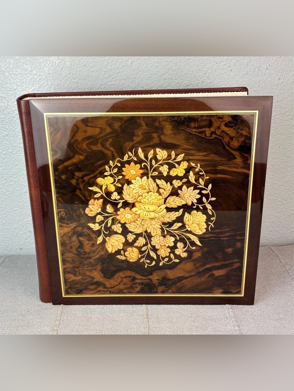 Vintage Italian Reuge Marquetry Inlay Photo Album Collectible Unique Floral Wood